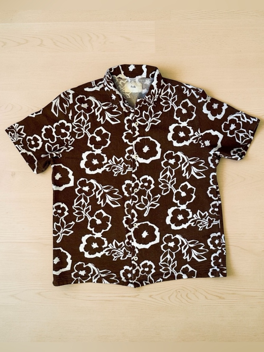 Folk Brown and White Floral Short Sleeve Button-Down Shirt Men Size L